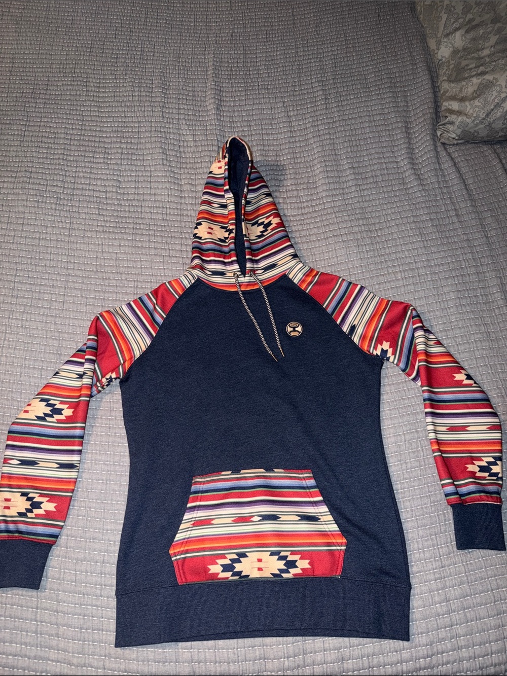 Women’s Hooey Navy Hoodie with Red Aztec-Pattern Sleeves